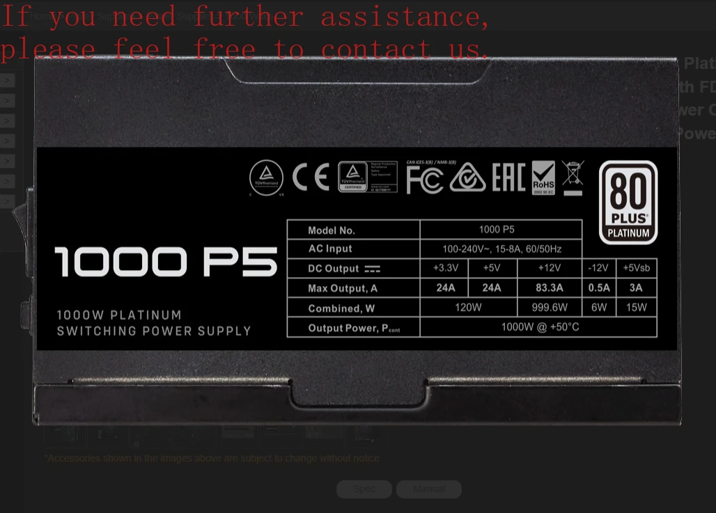 For EVGA 1000W Platinum Full Module Silent Power Supply EVGA 1000 P5 New Original