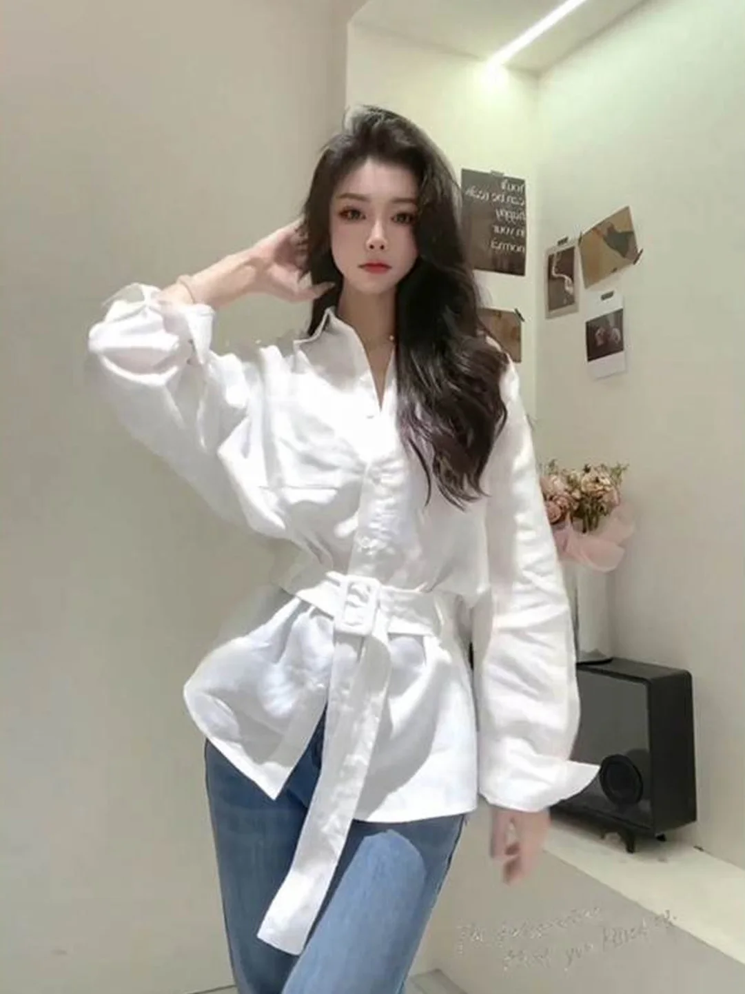 

Fashionable White Long Sleeve Shirt Women's Casual Versatile Polyester Fiber Belted Slimming Spring 2026 New Style Shirt