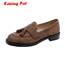 Krazing Pot New Pig Suede Thick Low Heels Fashion Round Toe Gorgeous Retro All-match Women Tassel Fringe Decoration Spring Pumps