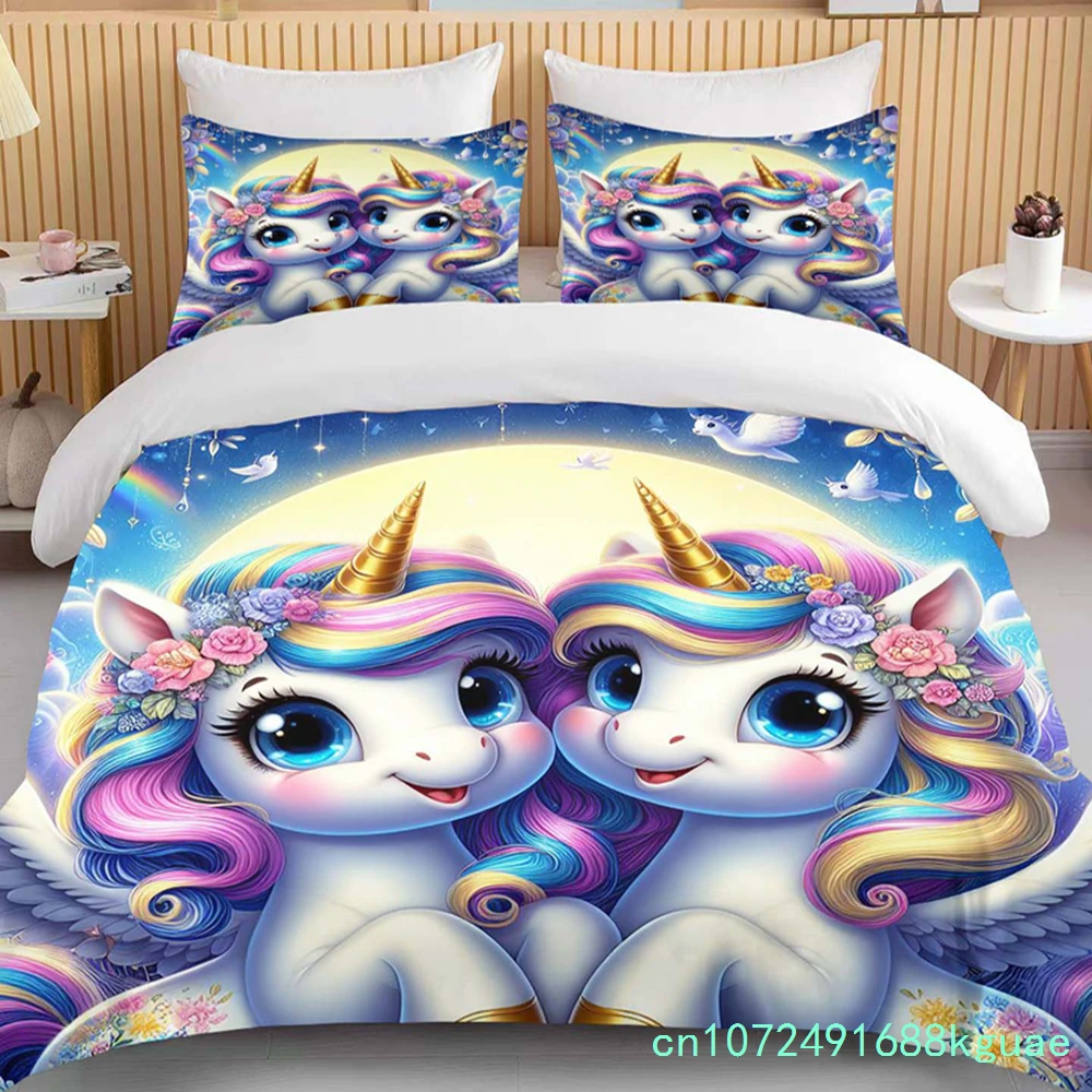 Cute Cartoon Unicorn Print Bedding Set Duvet Cover 1 Duvet Cover 2 Pillowcases Adult And Children Bedding Set Luxury Grils Gift