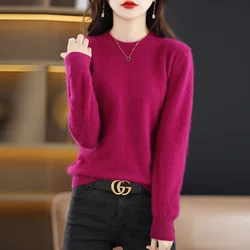 Round Neck Pure Mink Cashmere Sweater Women's Long Sleeve Top Autumn and Winter Warm Loose Knit Pullover Solid Color Base Top