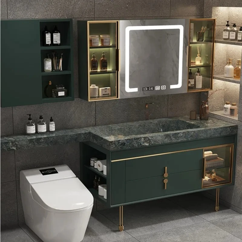 

Stone Plate Bathroom Cabinet Combination Light Luxury Bathroom Wash Whole Washbin Simple Oak Smart Mirror Cabinet