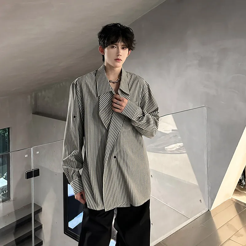 

Мужская рубашка Laid-ba в корейском стиле, с отложным воротником на двух пуговицах, ретро, унисекс, городская, длинная, в полоску...