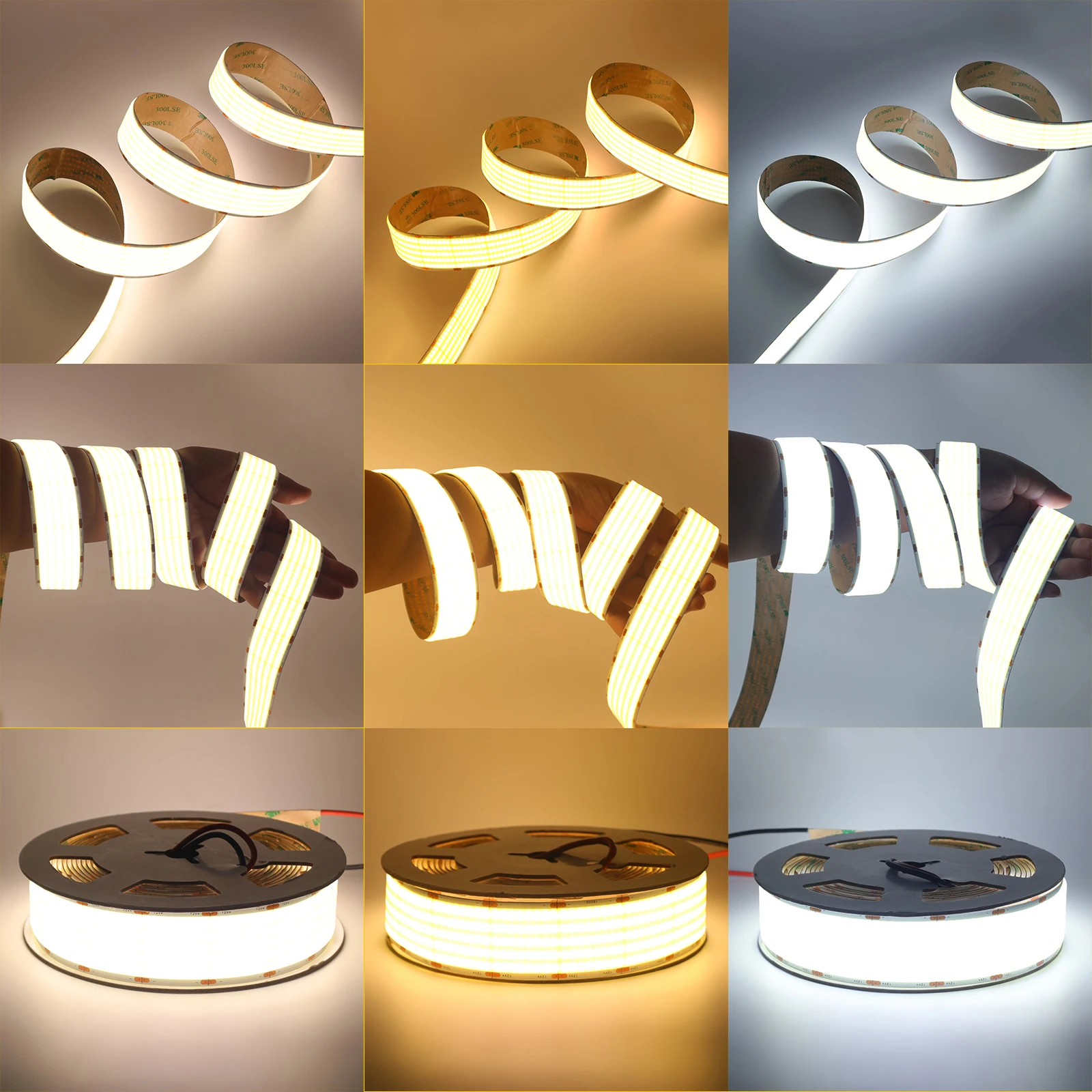 COB LED Strip Light 1600LEDs Super Bright Flexible Tape for Room High Density Warm/Natural/Cool White Linear Dimmable DC12V 24V