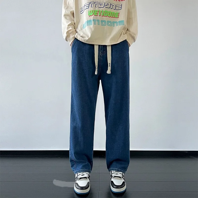 

Trendy High Street Loose Straight Leg Jeans Men's Spring 2024 New Casual Loose Elastic Waist Wide Leg Blue Jeans