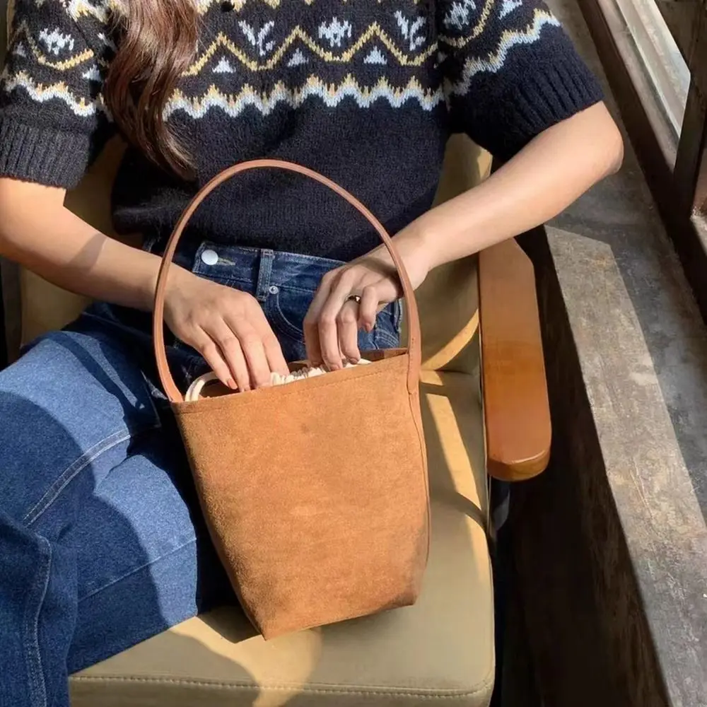 

Vintage Vintage Suede Bucket Bag Purse Pure Color Matte Pu Leather Shoulder Bag Korean Style Handbag Underarm Bag Girls