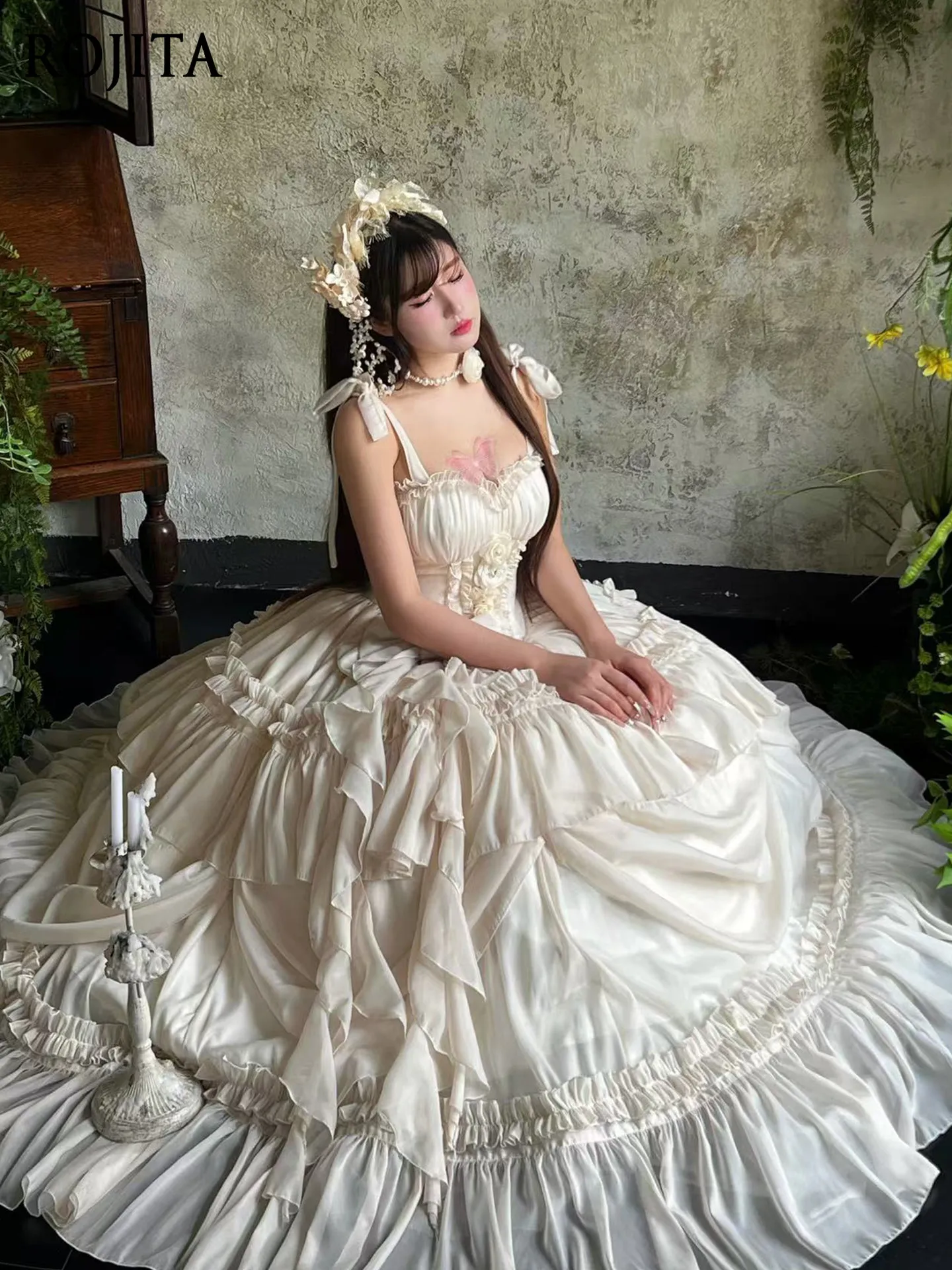 Cream White Sweet Lolita JSK 3D Floral Appliqué Corset Lace-Up Multi-Layer Ruffle Drape Voluminous Floor Length Princess Dress view 2