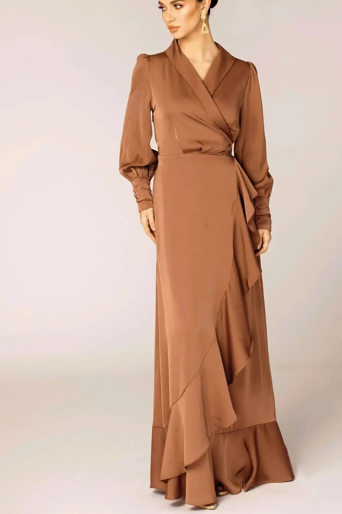 Solid Flounce Long Sleeve Belted Wrap Dress Muslim Ruffle Satin Abayas Dress For Women Eid Robe IsIamic Clothing Vestidos Kaftan