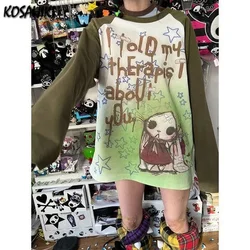 KOSAHIKI Y2k Aesthetic Long Sleeve T-shirt Women Punk Letter Tie Dye Cartoon Print Loose Graphic T Shirt Couple Fairy Grunge Tee