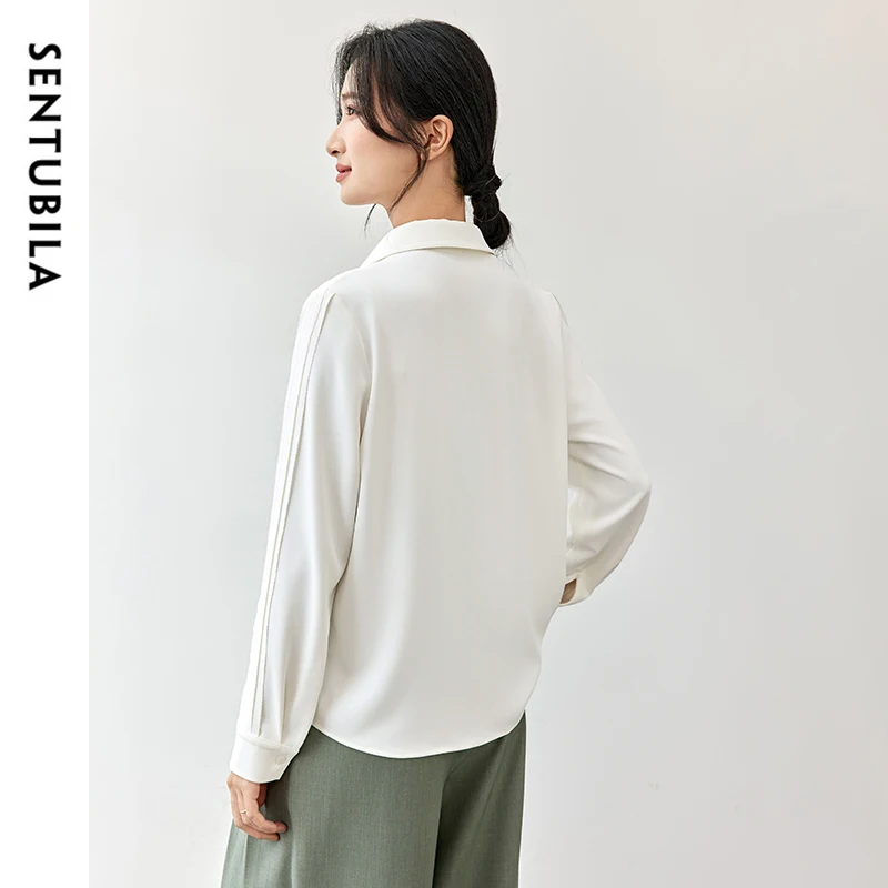 SENTUBILA Office Lady White Shirt for Women 2024 Autumn Slim Fit POLO Neck Folds Long Sleeve Single Breasted Women Top 143C56816