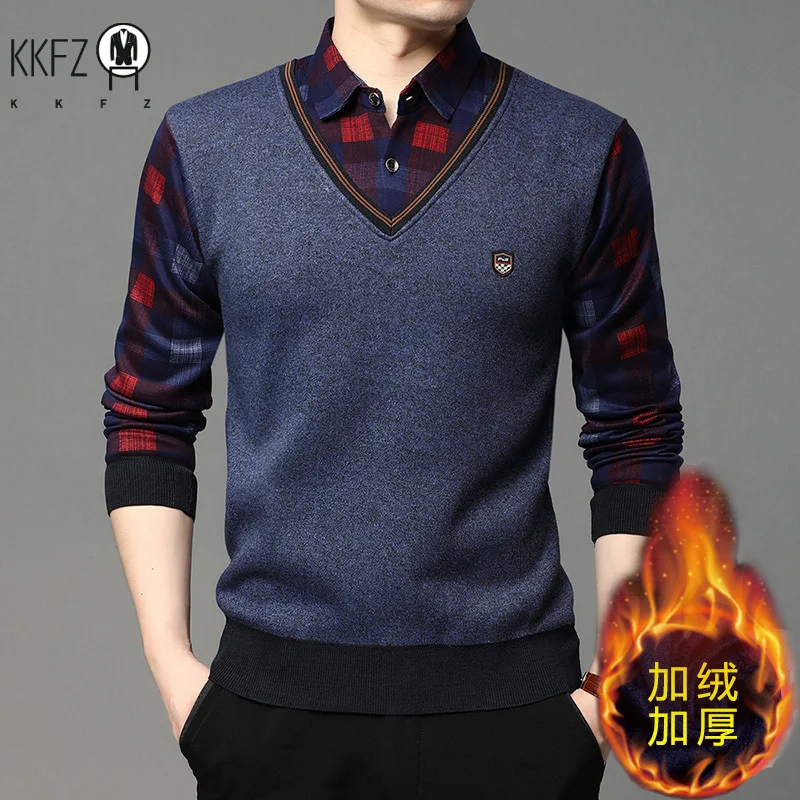 Slim Fit Fake Two Piece Sweater Men Stretch Knit Thermal Fleece Lined Plaid Long Sleeve Collared Office Travel Outfit
