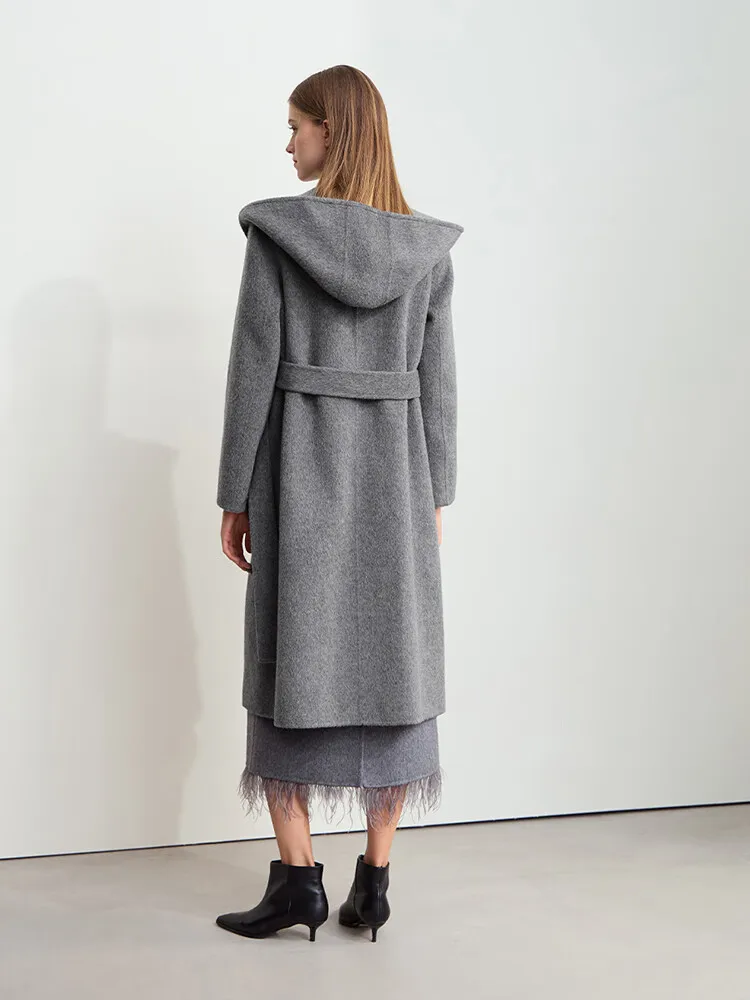 AMII 2025 Winter Women's Long Removable Raccoon Hair Pocket Hooded With Belt Solid Color Full Sheep Wool Duplex Coat 12454008
