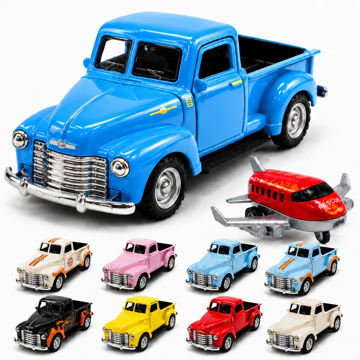 MQUDUO Retro Pickup Truck and Airplane Toy Set, Die Cast Pull Back Vehicle with Opening Doors Tailgate, Random Color Plane
