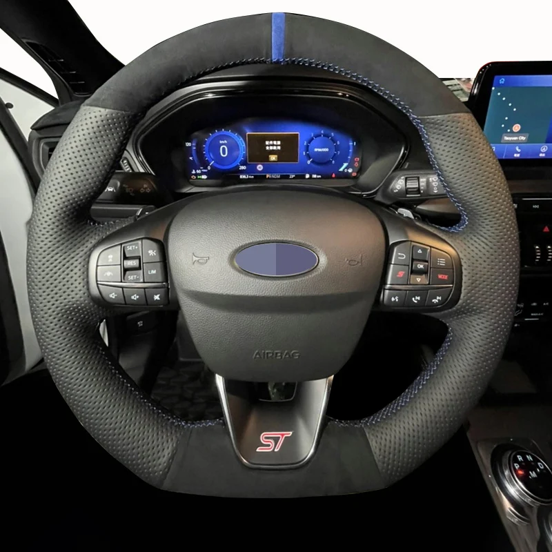 For Ford Focus ST ST-Line 2019-2020 Fiesta ST ST-Line 2018-2019 DIY Black Suede Genuine Leather Car Steering Wheel Cover