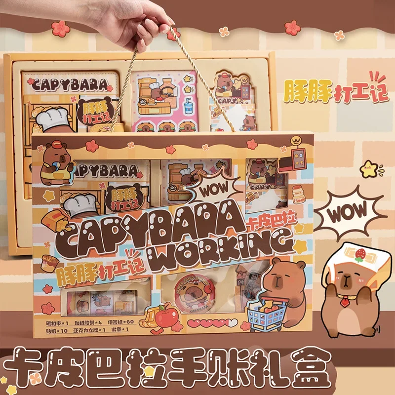 1Set Capybara Notebook Sticky Note Pad Acrylic stand Masking tape Badge Sticker Cartoon gift set Cute Student Prize Stationery