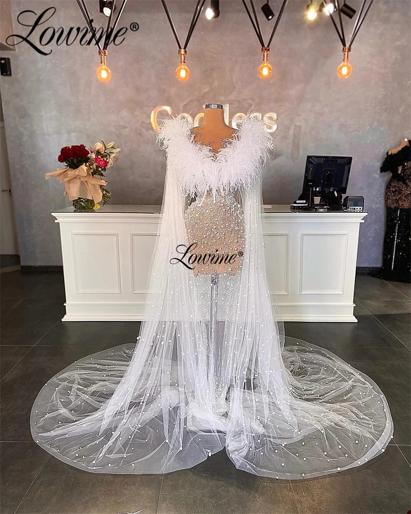 Two Designs Long See Through White Feathers Evening Dresses Robe De Soiree Arabic Beaded Pearls Wedding Party Dress Prom Gowns