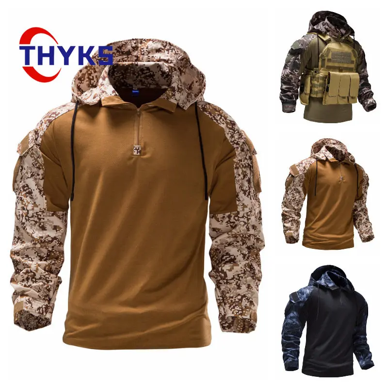 

Outdoor Hooded Long Sleeve Tactical Shirts Men Pullover Lapel Combat Suit with Pockets Sweat Absorption Hiking Fishing Shirt