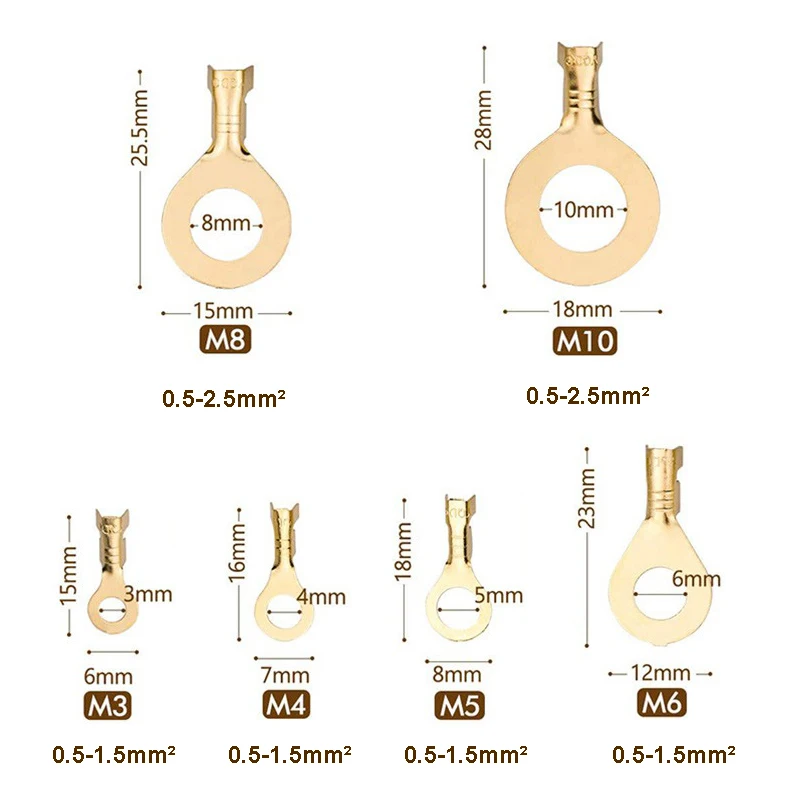 330 piece M2/M3/M4/M5/M6/M8/M10 Ring Lugs Eyes Copper Crimp Terminals Cable Wire Connector Non-insulated Assortment Kit