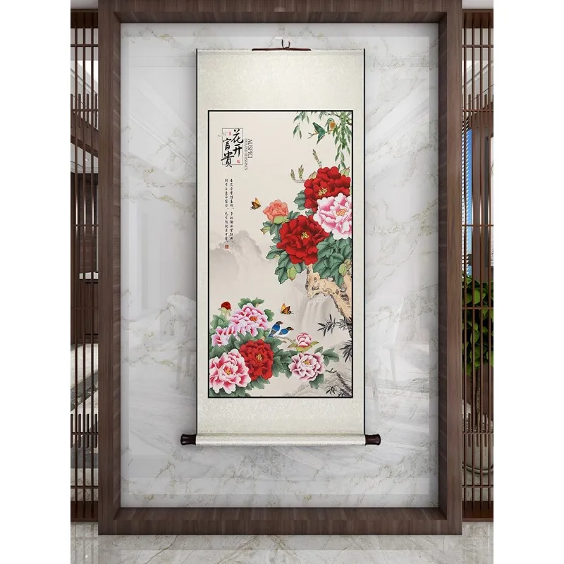 Chinese Style Hanging Painting Scroll Peony Flowers Blooming Luxurious Entrance Decoration Living Room Corrido Mural Home Decor