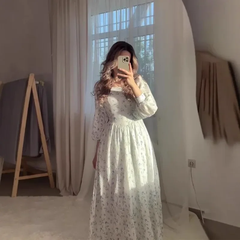 2025 New Floral Fairy Waist Square Neck Lace-up Long Dress Robe S9219