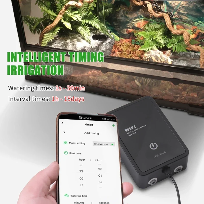 

Intelligent Reptile Fogger Humidifier Electronic Timer Automatic Mist Rainforest Spray System Kit Sprinkler Control APP Control