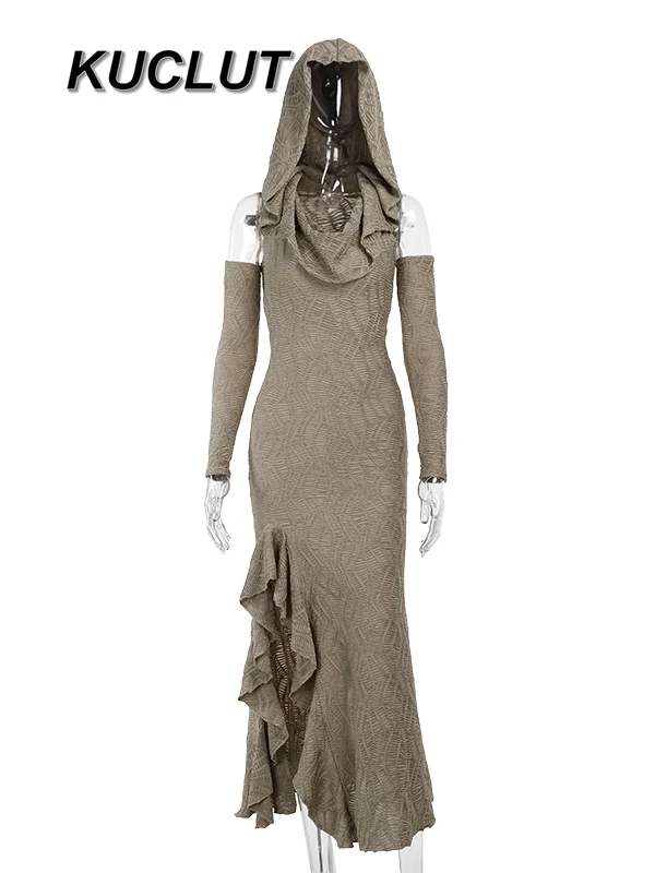 Primavera e outono vestidos longos para mulheres cor sólida com capuz casual vintage elegante senhoras sexy vestido 2025 nova moda