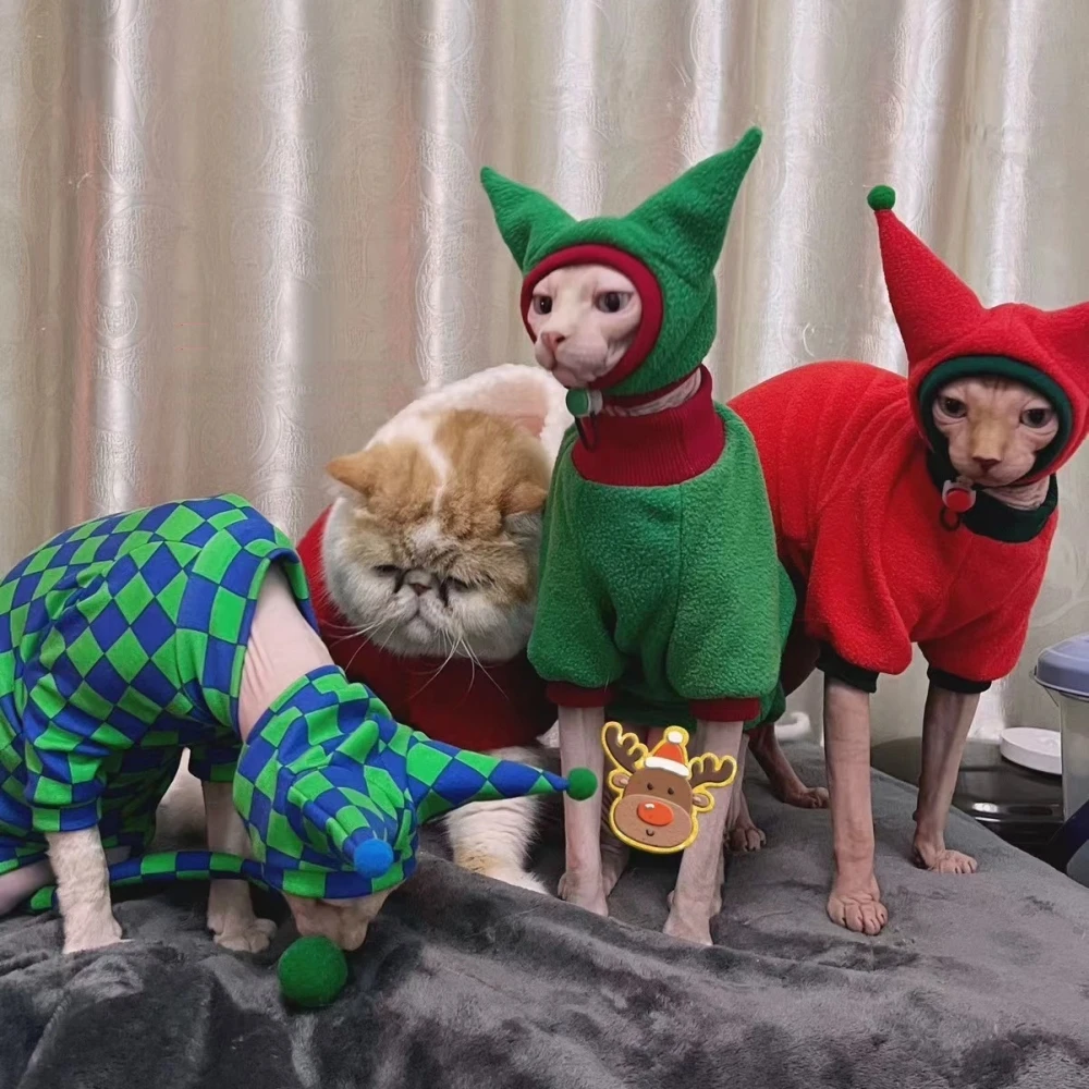 Christmas Coat Hat Suit for Cat Winter Warm Long Sleeves Fleece Jacket for Sphynx Cat Red Green Soft Sweatshirt Sweater for Dogs