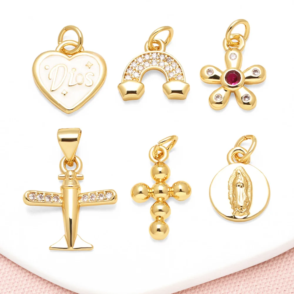 OCESRIO Enamel Heart Charms for Bracelet Copper Crystal Airplane Cross Keychain Purse Charm Jewelry Making Supplies chma504