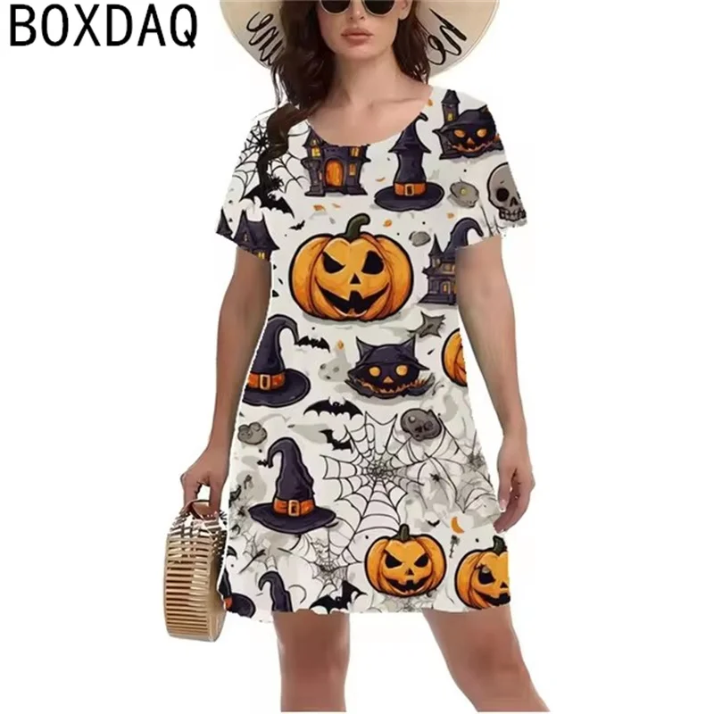 Halloween Horror Pumpkin Lantern Pattern Printed Dress Women Short Sleeve O-Neck Casual A-Line Dress Lady Y2K Style Dress