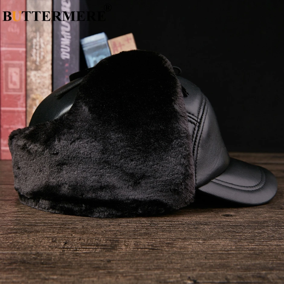 BUTTERMERE Bomber chapeau en cuir noir hommes Ushanka chapeaux avec oreillettes plus épais russe chapeaux hiver chaud en cuir véritable mâle fourrure casquettes