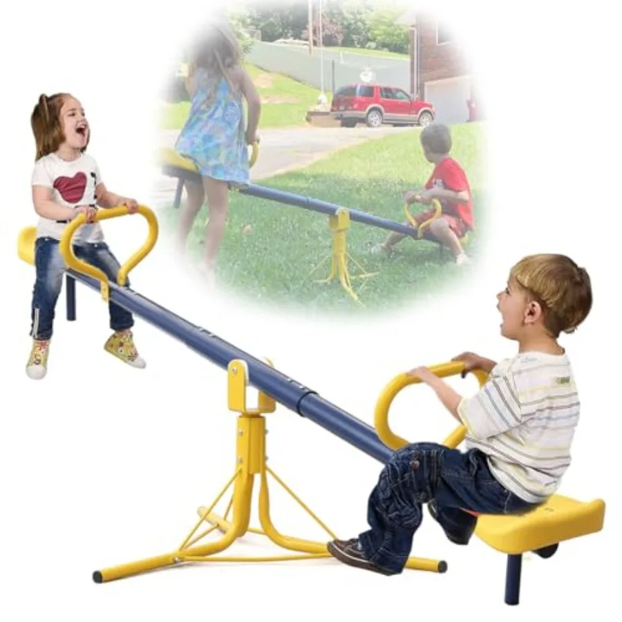 

Outdoor seesaw for backyard, park balcony: heavy-duty steel, blue/red, 250LB capacity, 360 rotating sit-and-spin design, ideal