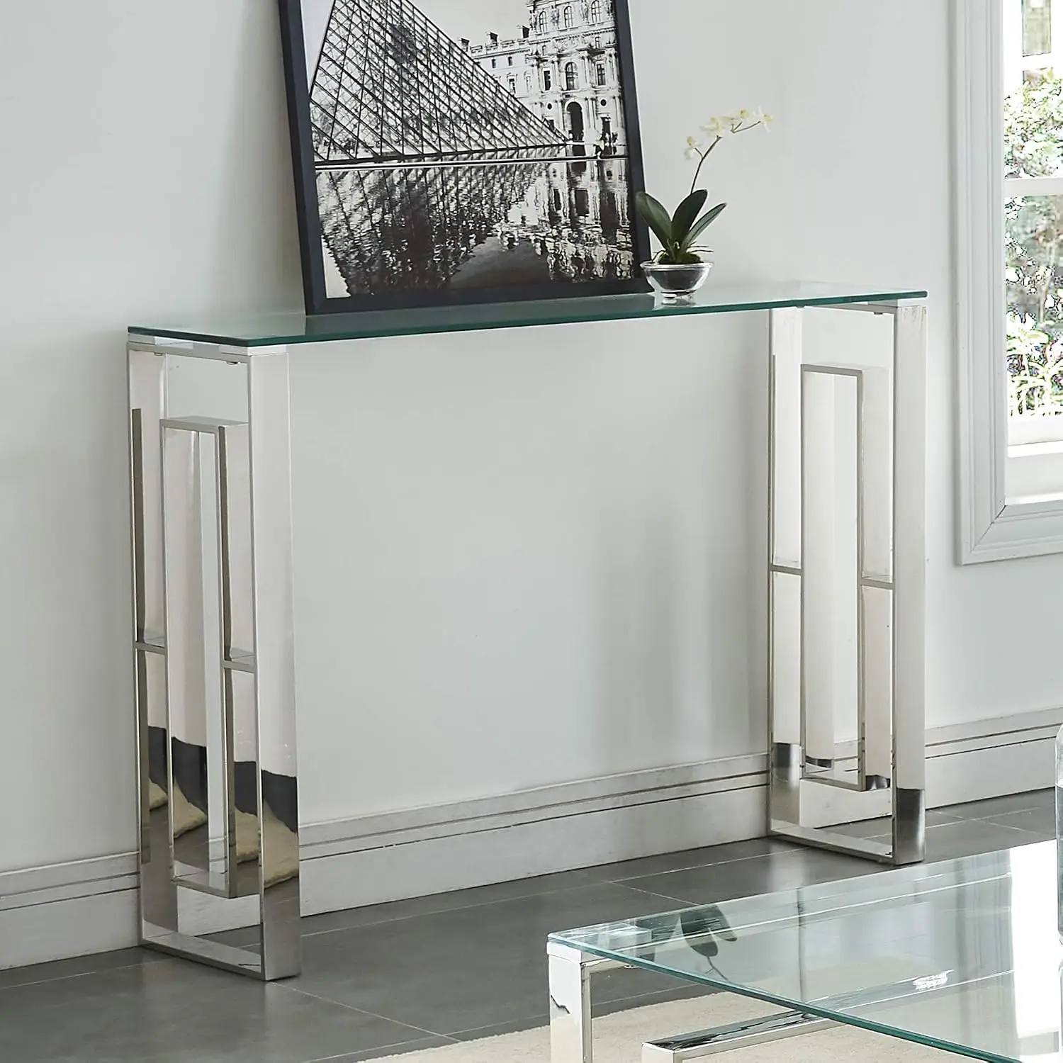 Contemporary Glass & Chrome Console Sofa Table, Customized