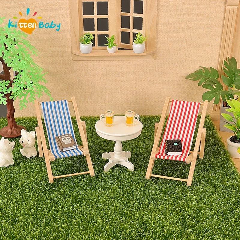 Dollhouse Miniature Items Wooden Beach Chair Book Beer Model Mini Furniture Outdoor Reclining Chair Miniature Scene Accessories