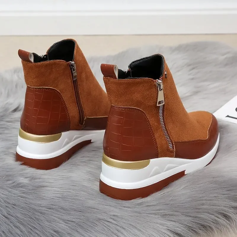 Botas femininas da moda inverno alta superior sapatos de plataforma cunha lado zíper estilo inverno pelúcia quente botas exteriores