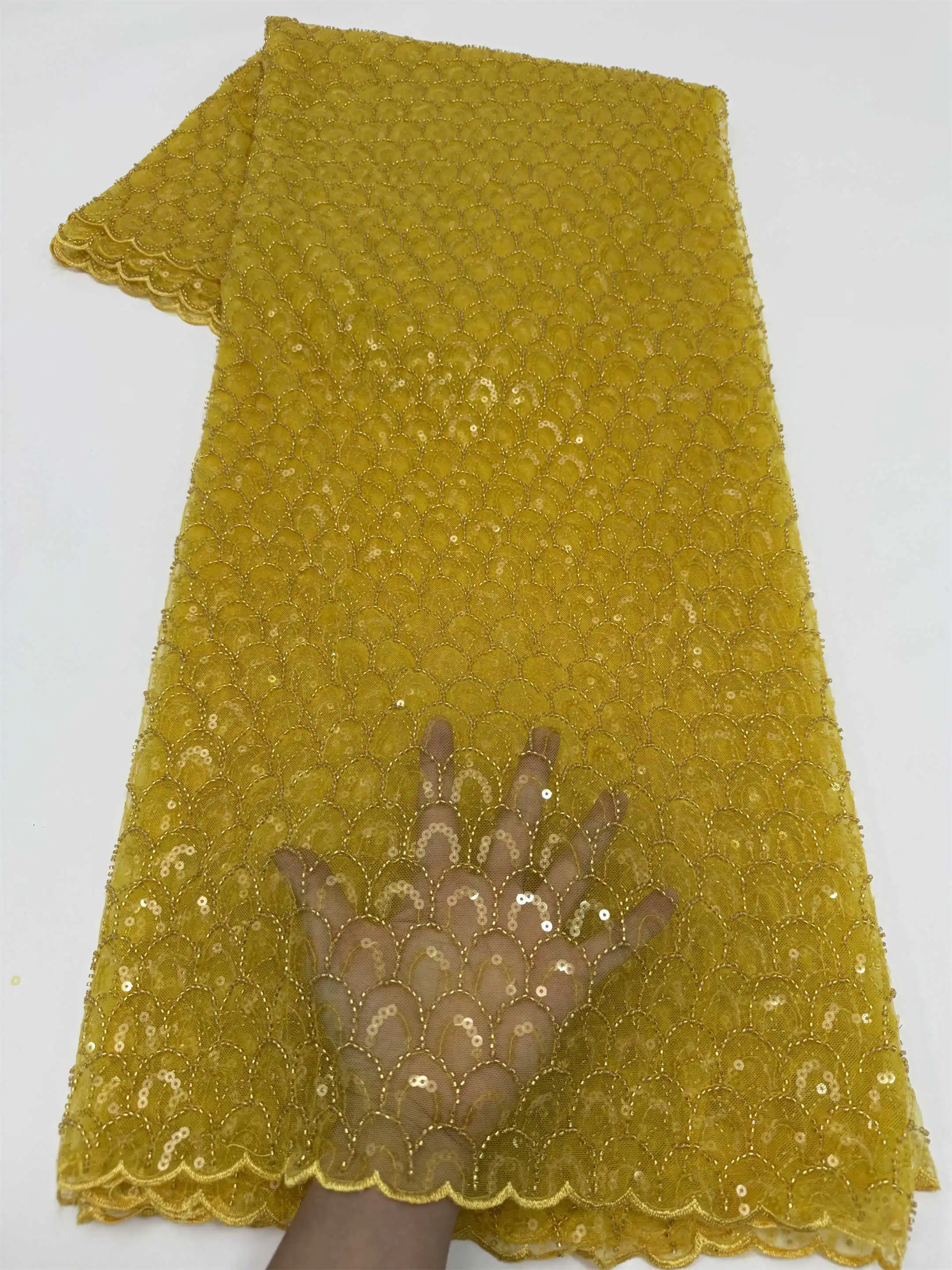 豪華なアフリカのスパンコールレース生地5ヤード、ビーズ付きチュールレース生地、刺繍入りナイジェリア生地、ウェディングドレス用