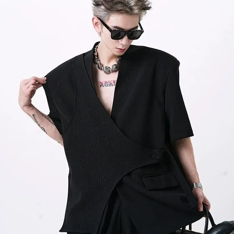 Men's Black Collarless Blazer Set Short Sleeve Fake Two Piece Suit Padded Shoulder Structured Fit Niche Designer Outfit