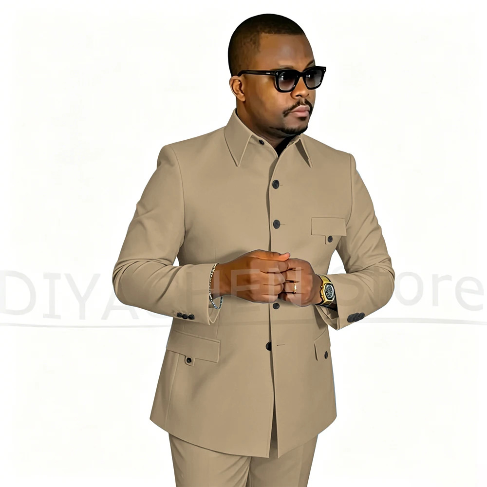 Fashion Men Suit 2 Piece Stand Collar Single Breasted Outfit Slim Fit Formal Business Casual Wedding Party Suits Blazer Pants view 3