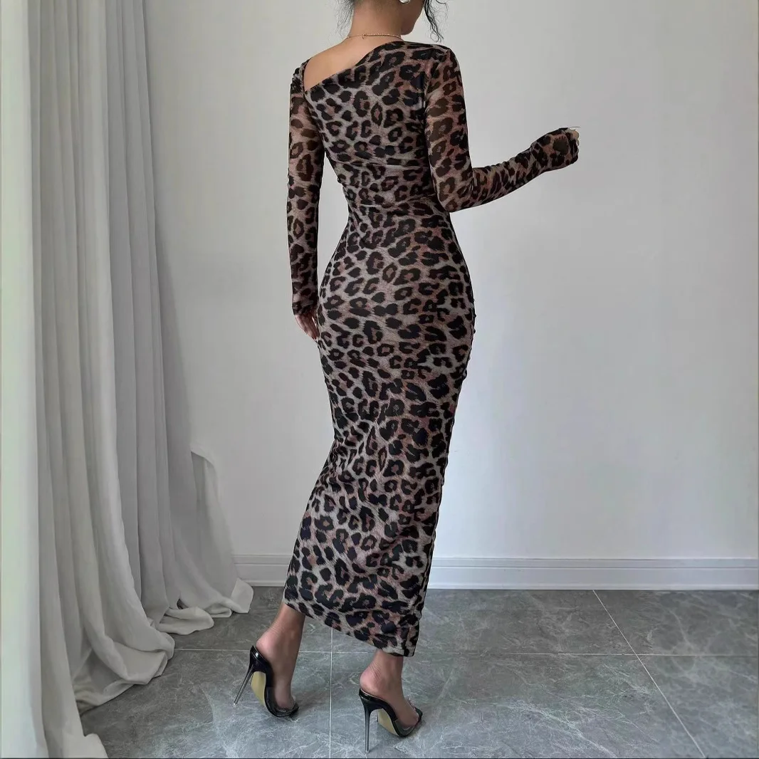 

Sexy High Waist Long Sve round Ne Leopard Print Dr Hot Girl Dr H Version Autumn Casual Women's Single Piece