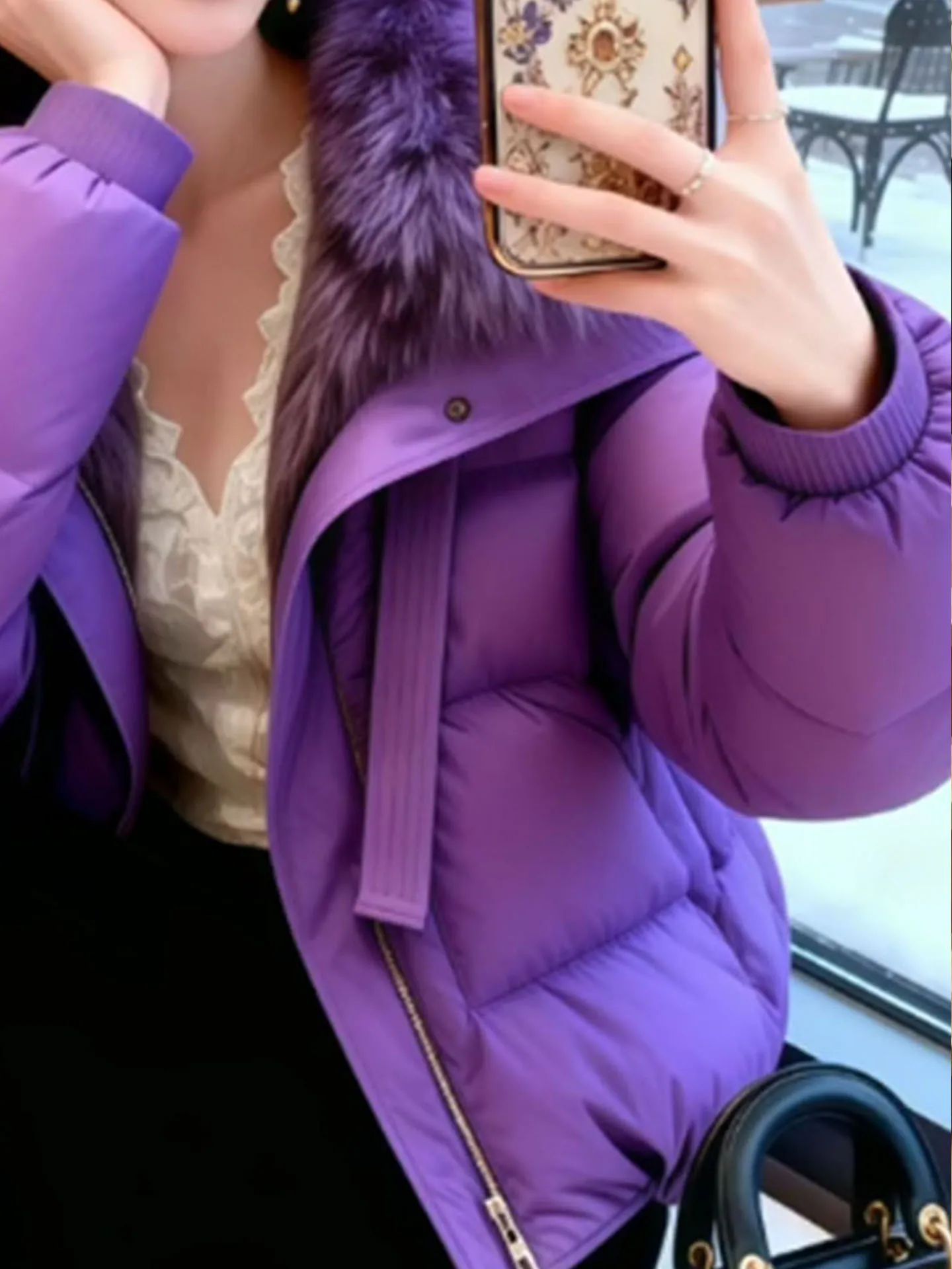   Chaqueta de Plumón Morada para Mujer con Cuello de Piel Auténtica, Cálida, Estilo Coreano, para Ir al Trabajo, a la Moda, de Cintura Alta