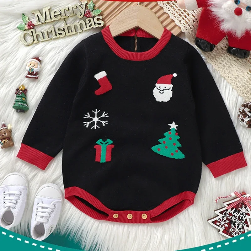 

Black Red Christmas Knitted Clothing Christmas Santa Claus Elk Print Newborn Cute Long Sleeve Romper Baby Boys Girls Bodysuit