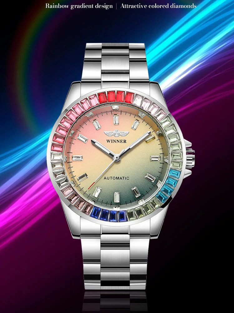 

WINNER Original Colored Diamonds Mechanical Mens Watches Automatic Movement Waterproof Stainless Steel High-end Luxury aaa Watch
