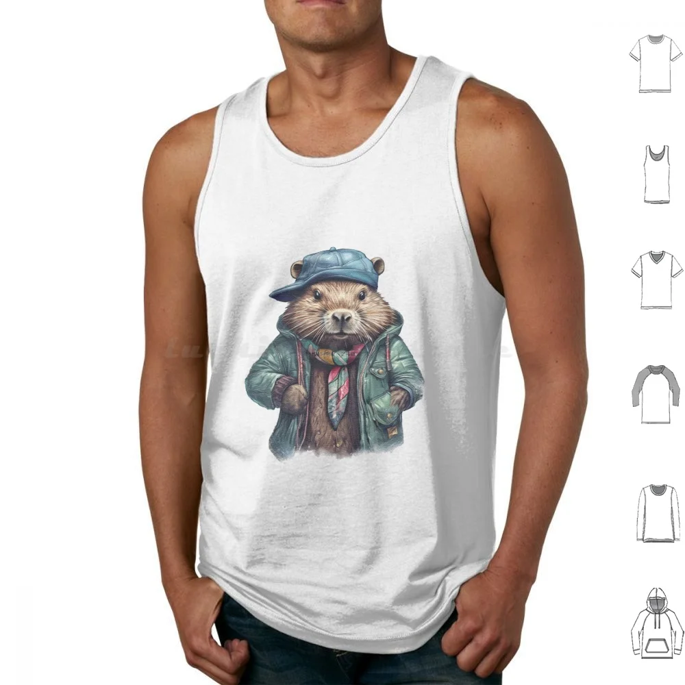 Beaver Wearing A Jacket Cap And A Scarf Tank Tops Vest Sleeveless Beaver Cute Adorable