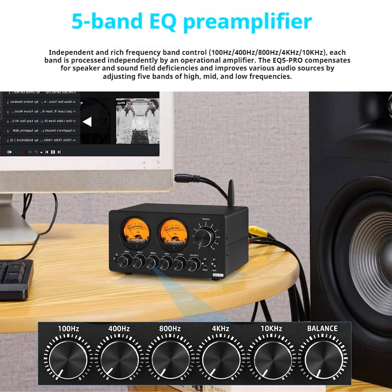 EQ5 / EQ5 PRO Mini 5-Band EQ Equalizer with Bluetooth Receiver 3.5mm AUX Stereo Audio Bypass Balance Preamp w/VU Meter