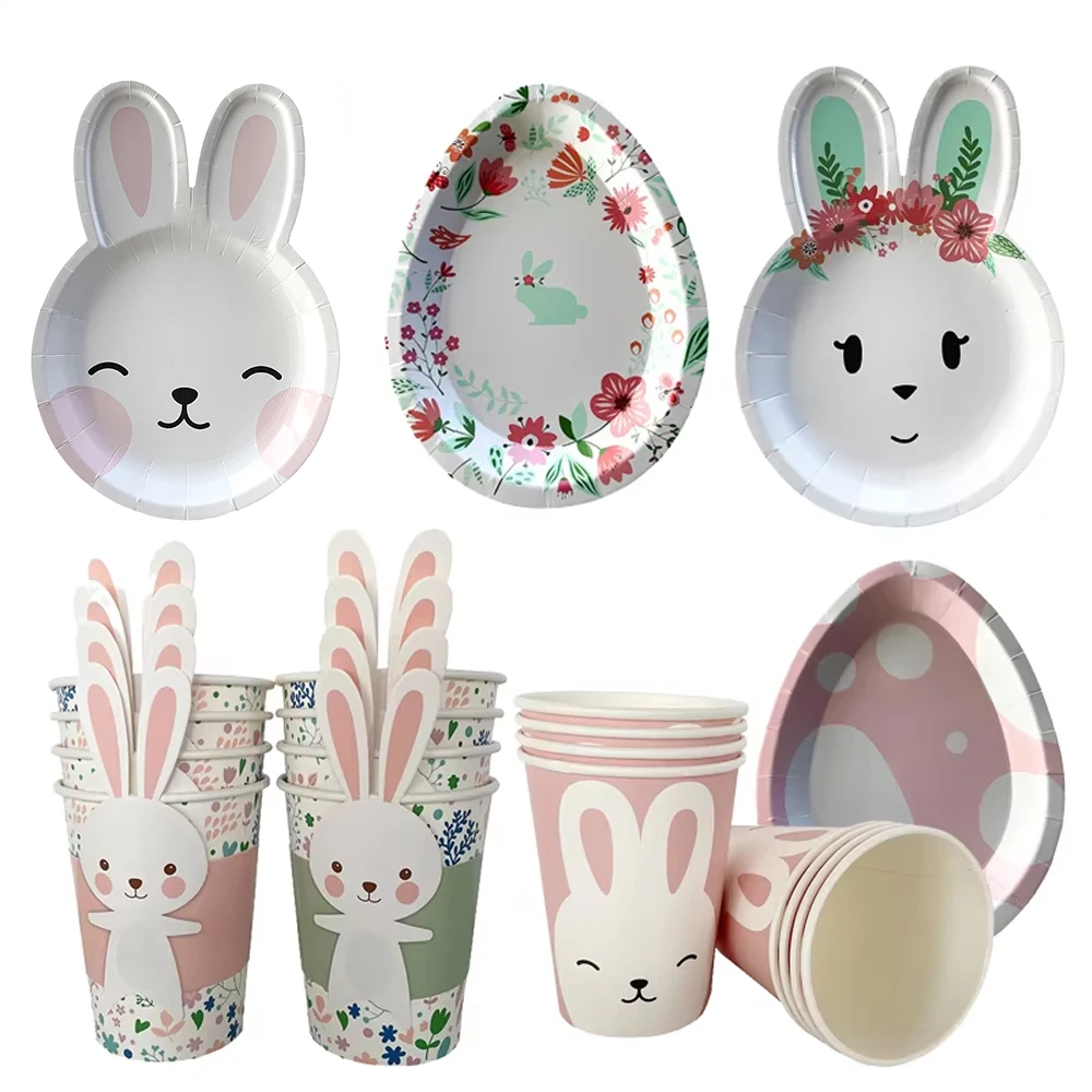 Einweggeschirr mit Frohe Ostern, Osterhasen-Eier, Pappteller, Tassen, Osterpartyzubehör, Kinder-Hasen-Ei-Dekoration
