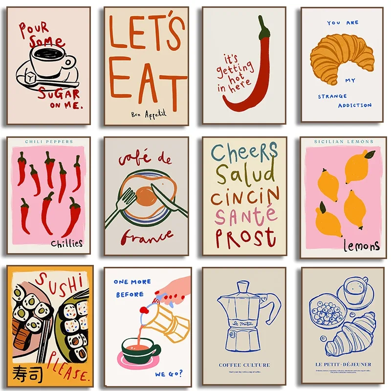 1 Stück rahmenloses, farbenfrohes Wandkunst-Poster mit Motiven wie Chili, Früchte, Zitrone, Lebensmittel, Kaffee, Sushi, Croissant, Küchen-Leinwanddruck.