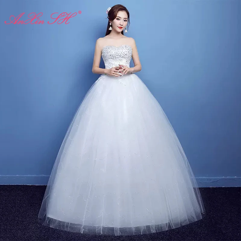 

AnXin SH princess white flower sparkly lace sleeveless beading crystal ball gown lace up bride simple wedding dress