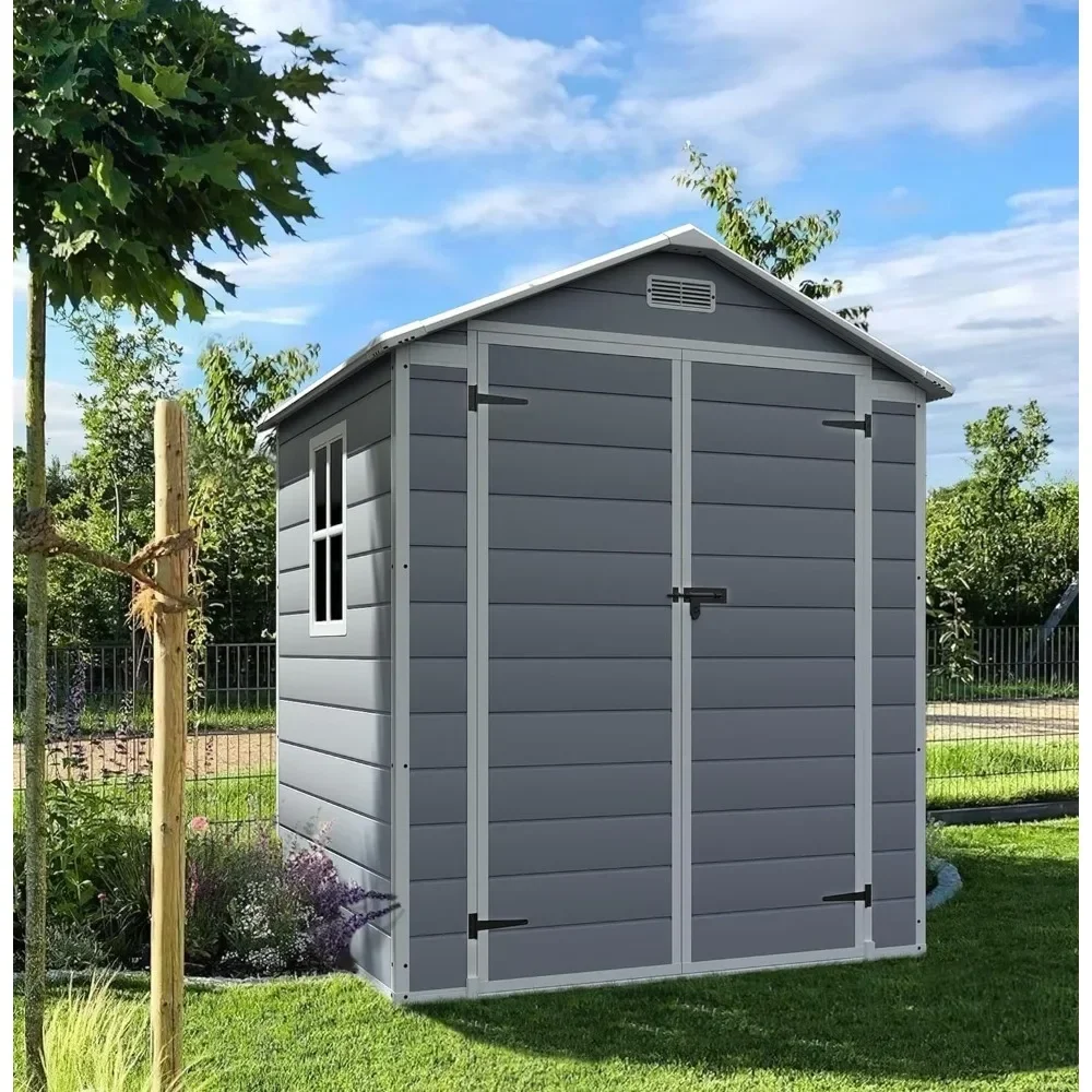 Storage Shed, Outdoor 6x4ft Plastic Resin Shed with Floor, Garden Tool Shed with Lockable Door for Patio, Grey Storage Shed