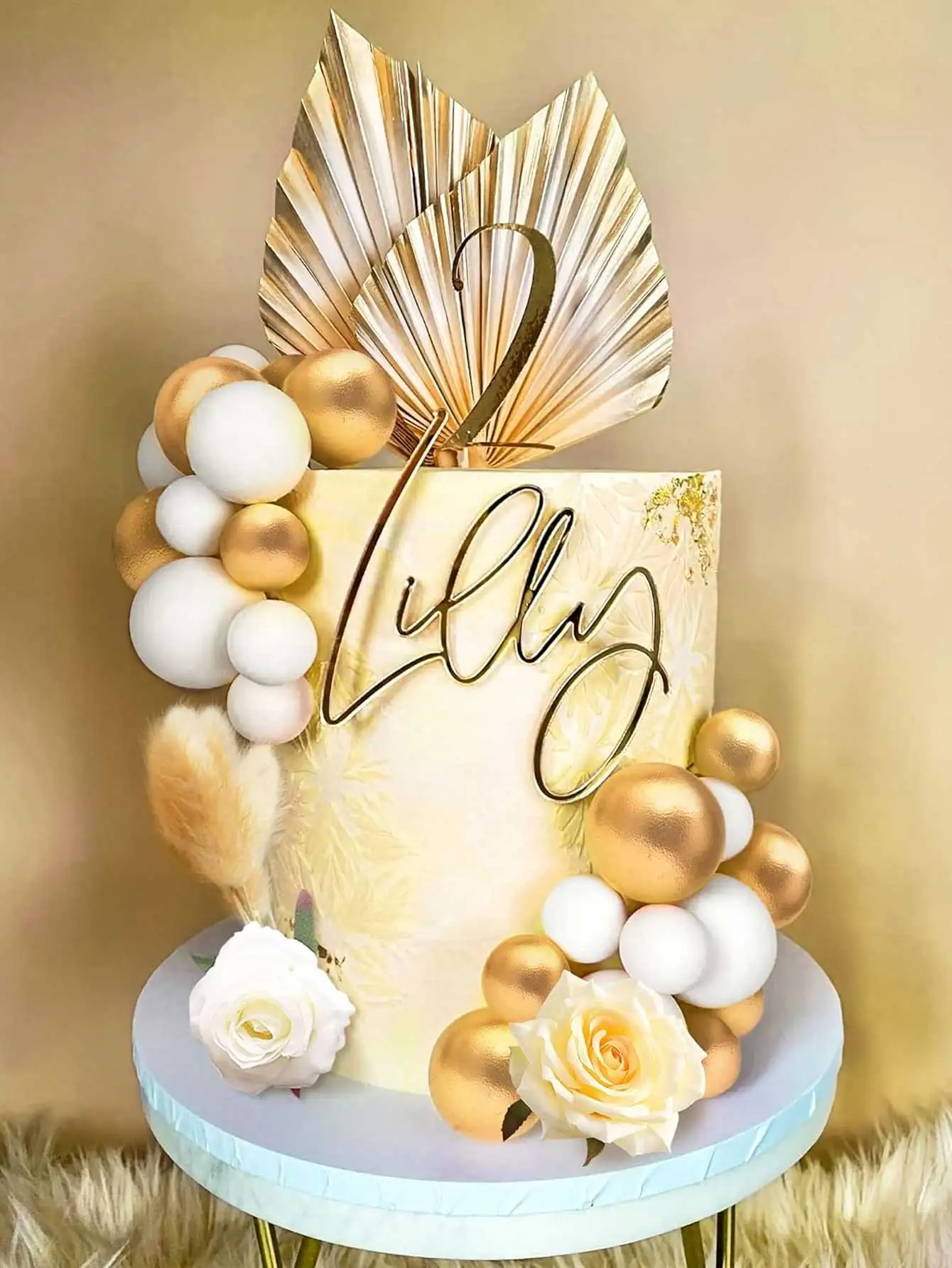 27pcs Déco Gâteau Boho Mariage Anniversaire – Boules Rose Champagne + Feuilles Palmier Pour Cupcakes