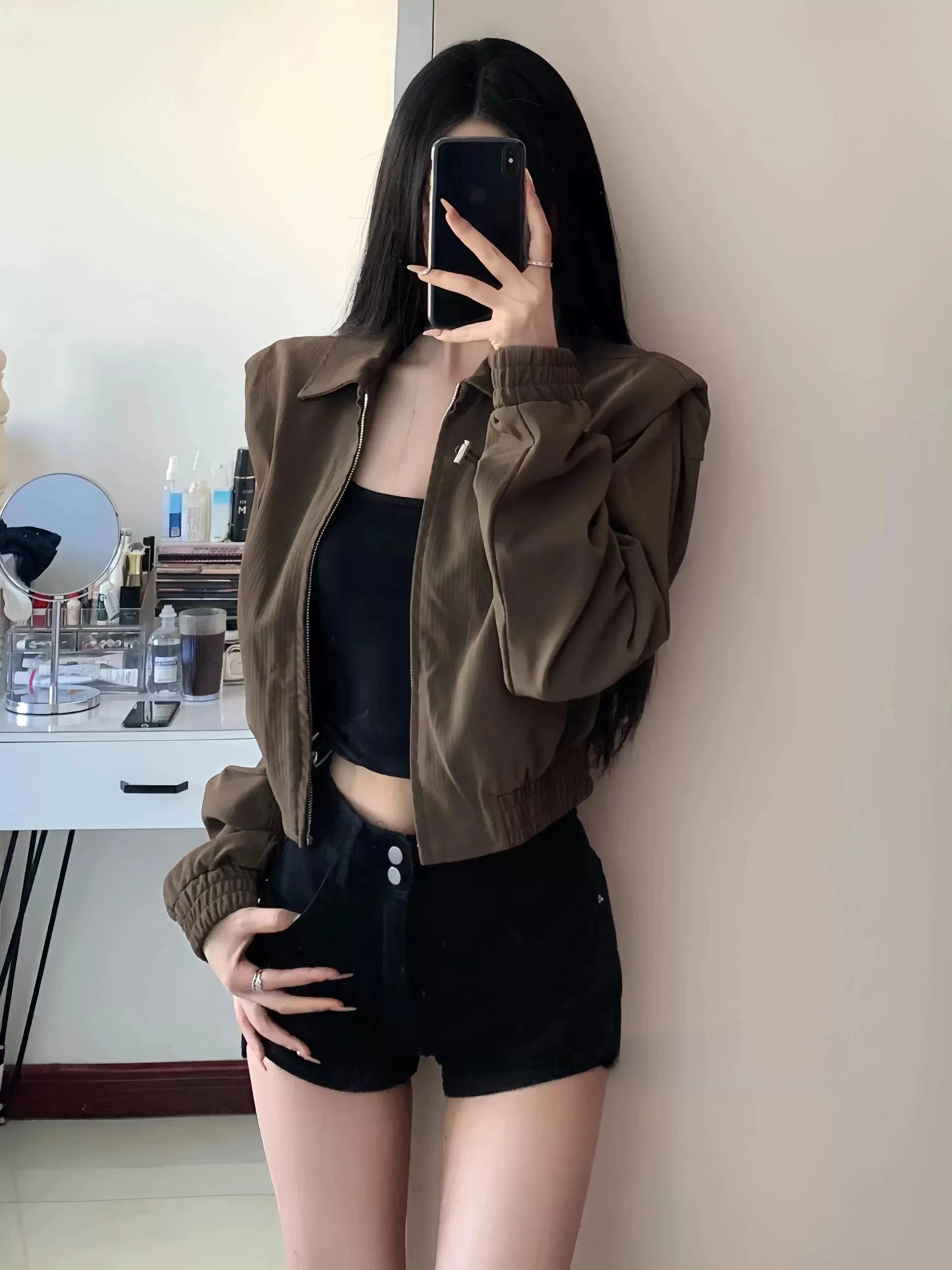 

Early Spring Brown ort Jaet Women's Unique Super Beautiful Slimming Small Size Padded oulder Jaet Top American Sle ...