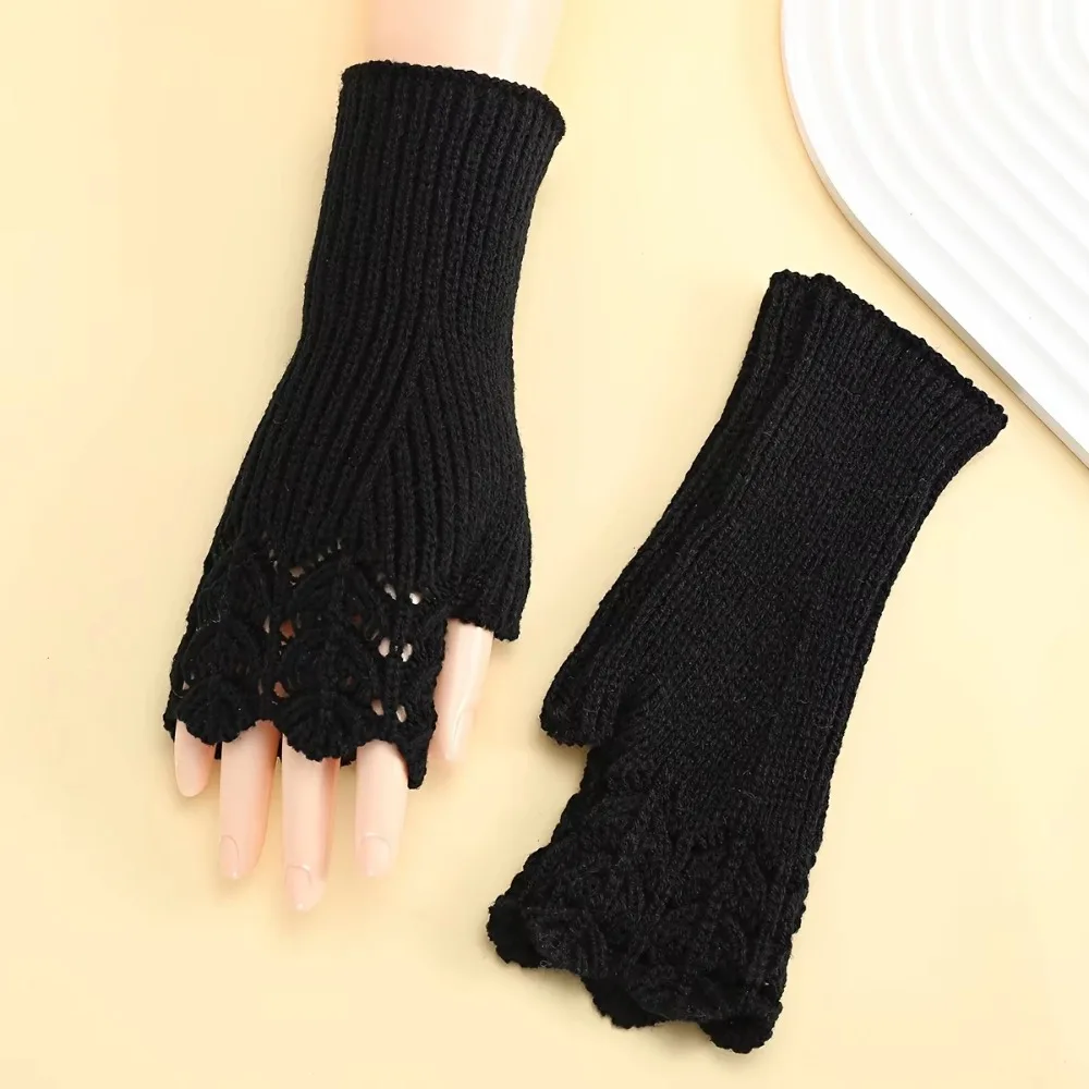 All-Match Vintage Knitted Gloves Hollow Out Half Finger Winter Wool Gloves Waterproof Touch Screen Fingerless Gloves Winter